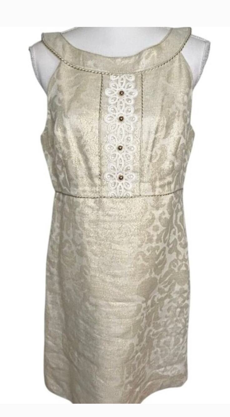 LILLY PULITZER Gold Metallic Dress Sz 4 Jacqueline Shift White Lace Bib